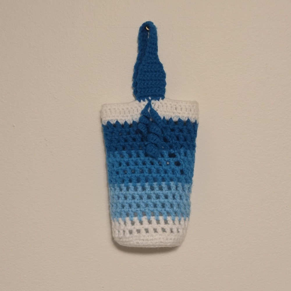 Blue and White Ombre Handmade Crochet Hanging Bag Water Bottle Thermos Holder